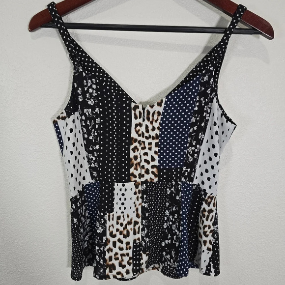 CAbi 3787 Womens Crossover Cami Sz 4 Black Brown Animal Print Polka Dot‎ - Picture 8 of 10